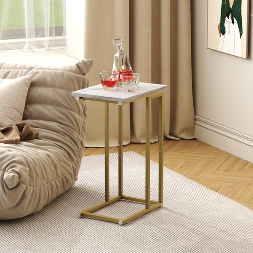 Function Home C Shaped End Table, Small Side Tables for Sofa Bed, Couch Tables That Slide Under, Drink Snack Table for Living Room Bedroom Small Space, White Wood Top and Gold Metal Frame