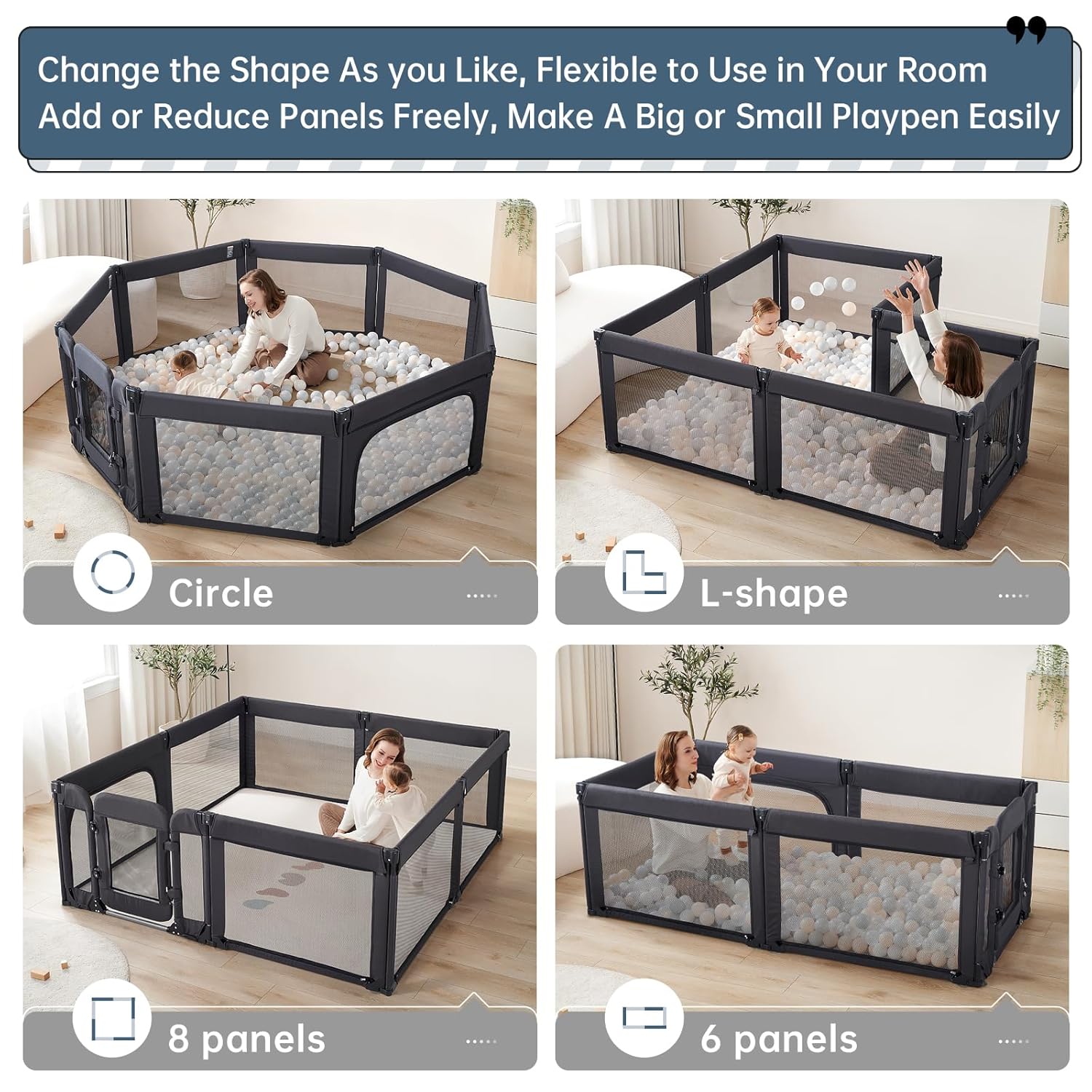 Skiennix Large Baby Playpen - Adjustable Foldable Indoor & Outdoor Fence, 79x71 Inch, Black