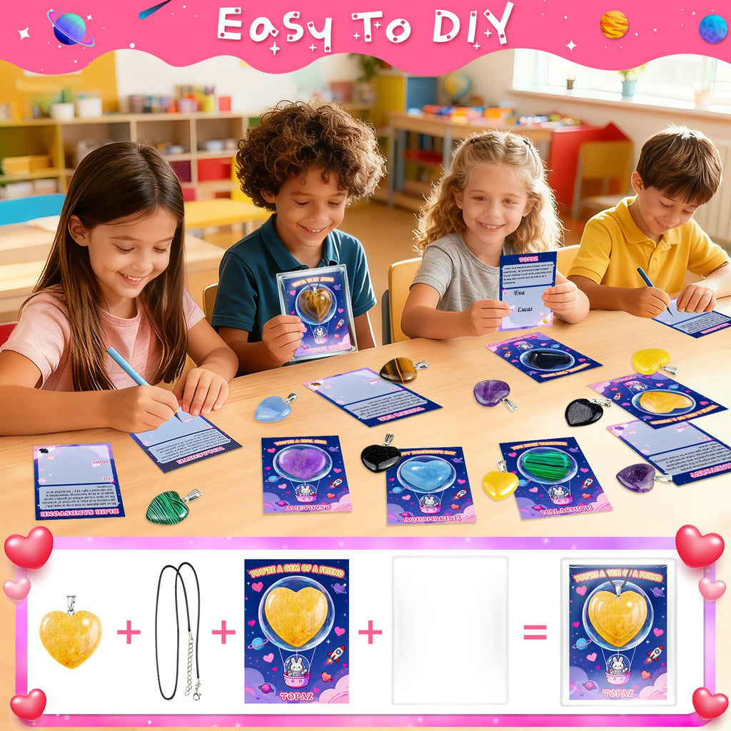 Valentines Day Cards for Kids School with Heart Gemstone Necklaces, Valentines Exchange Gifts Bulk with 24-Pack Unique Gemstone Heart Crystals, Classroom Valentine Party Favors with Goody Bag