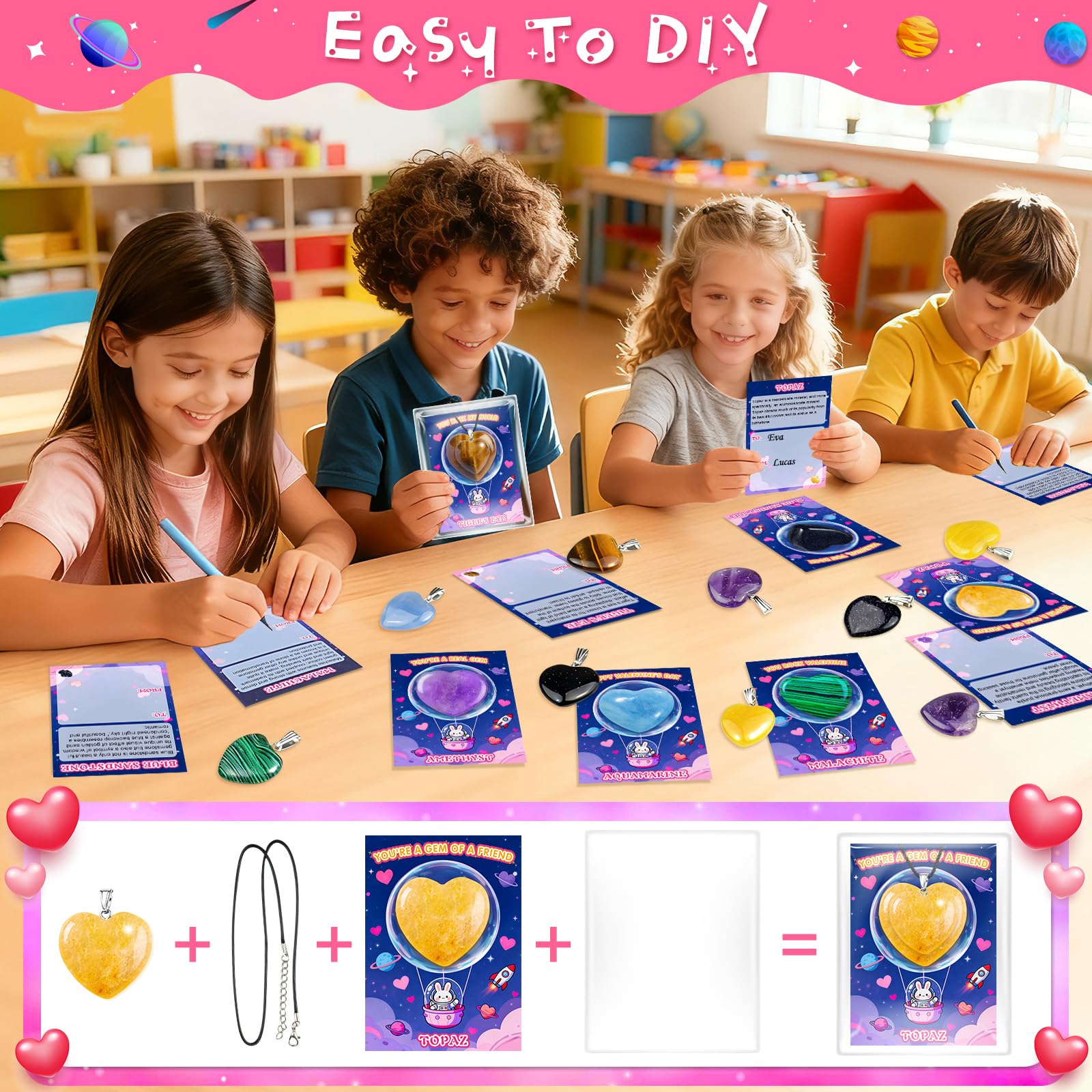 Valentines Day Cards for Kids School with Heart Gemstone Necklaces, Valentines Exchange Gifts Bulk with 24-Pack Unique Gemstone Heart Crystals, Classroom Valentine Party Favors with Goody Bag