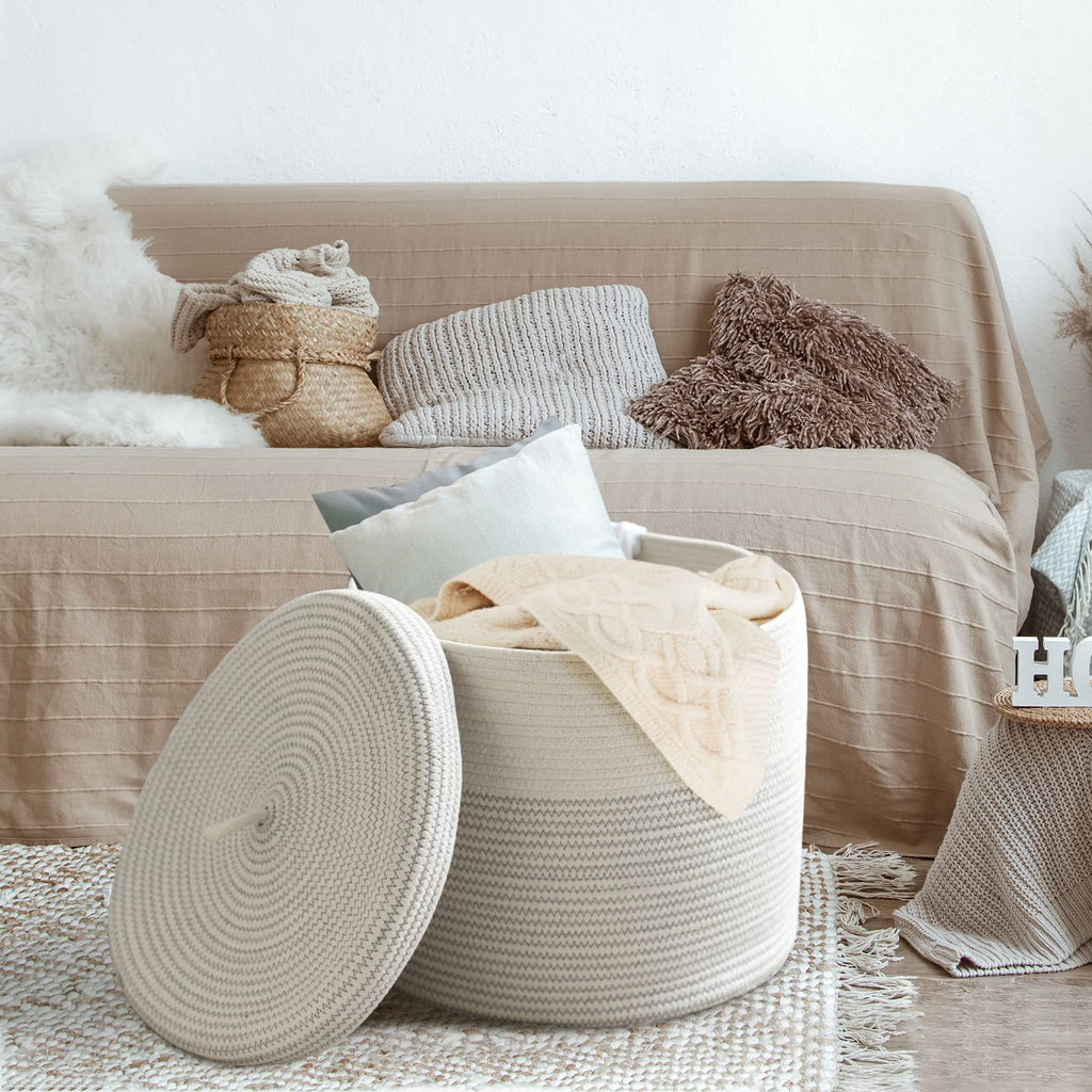 Tegance Blanket Basket with Lid, 16"D x 14"H Large Woven Rope Basket Laundry Basket Baby Toy Storage Basket Hamper Decorative Nursery Bin for Living Room Bedroom with Handles