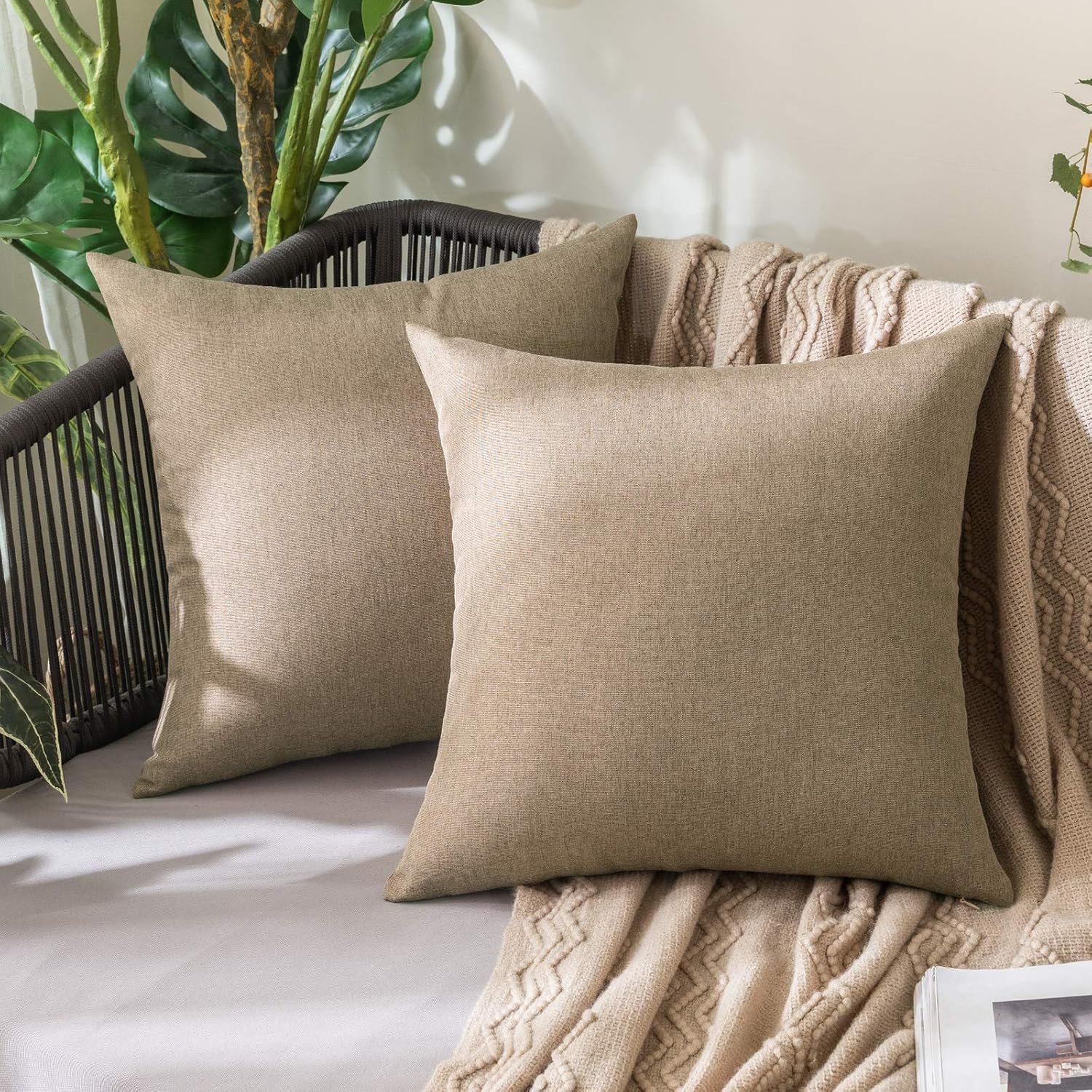 MIULEE Decorative Outdoor Throw Pillow Covers - Waterproof Faux Linen Cushion Cases | 16x16 Inch Khaki (Pack of 2)