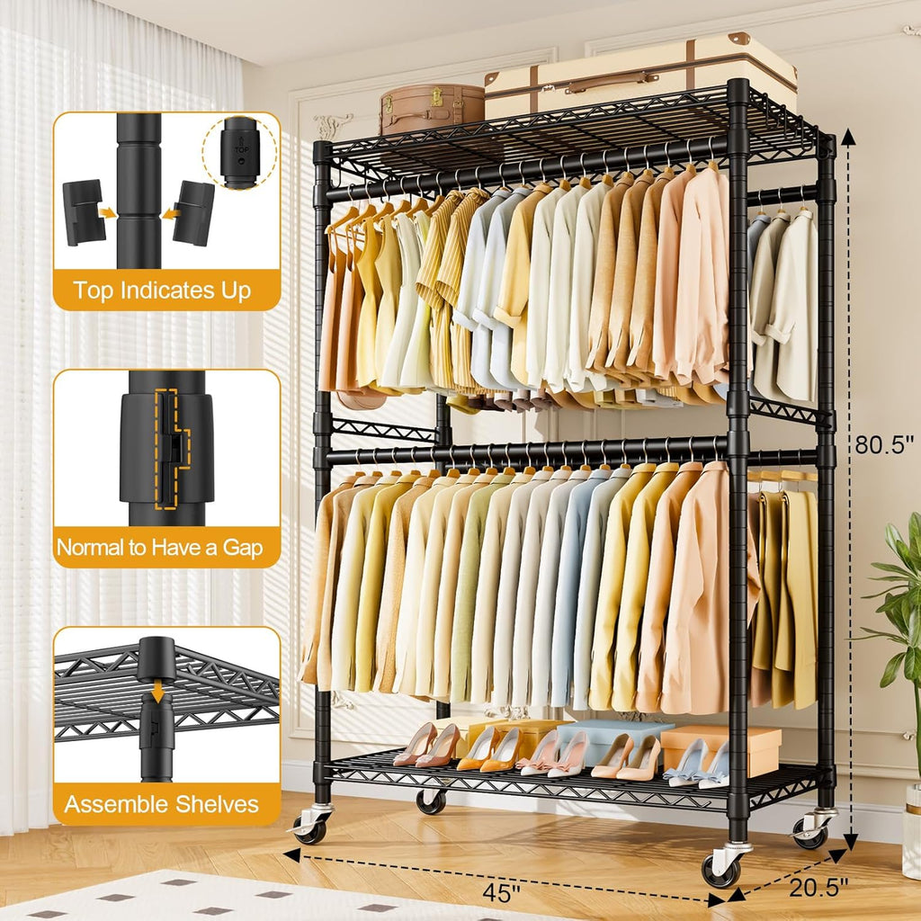 ULIFHOME Heavy Duty Rolling Clothes Rack - Portable Free Standing Garment Rack with Wheels, Black 45"W × 20.5"D × 80.5"H, Max Load 570 lbs