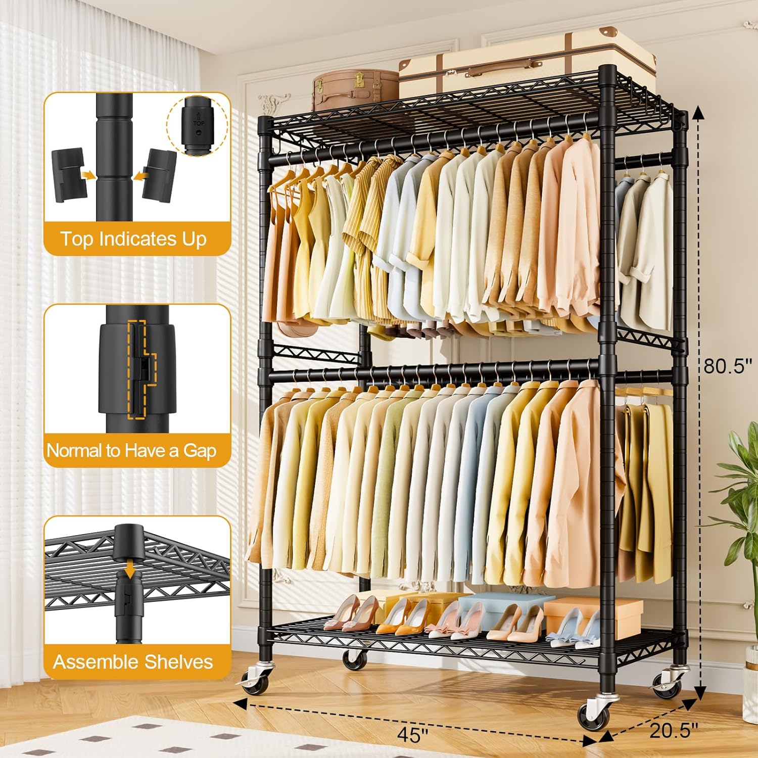 ULIFHOME Heavy Duty Rolling Clothes Rack - Portable Free Standing Garment Rack with Wheels, Black 45"W × 20.5"D × 80.5"H, Max Load 570 lbs
