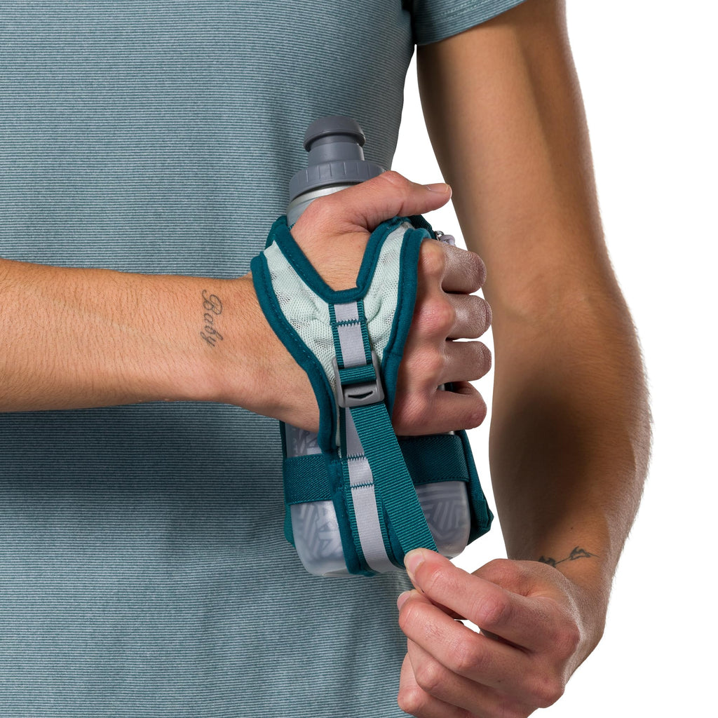 Nathan SpeedDraw 2 Insulated Handheld Running Water Bottle Flask – Double-Wall Insulation, Ergonomic Grip, Blast Valve Cap, Phone & Key Storage Pockets, Reflective Design, 12oz Insulated - Deep Teal