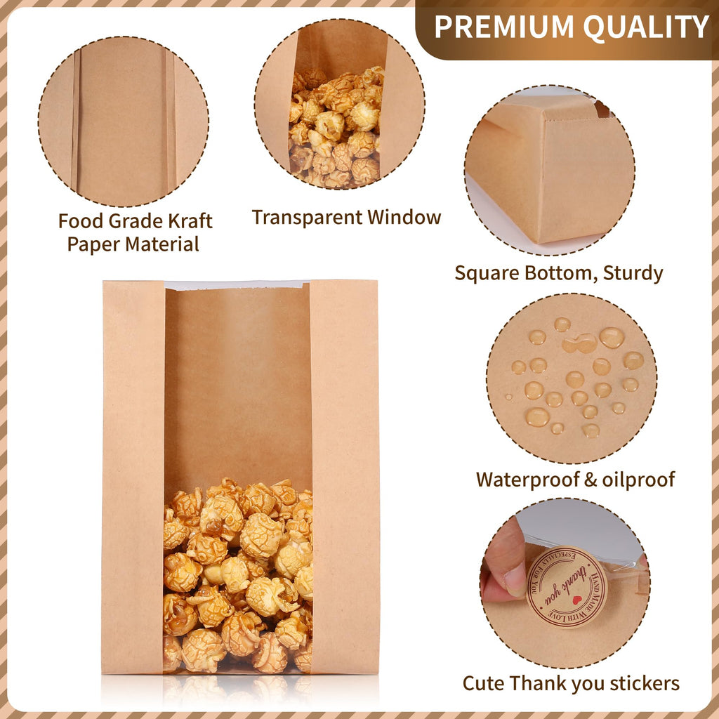 Bpole Cookie Bags with Seal - 50 PCS Small Bakery Bags with Window,5.1x2.8x9.1Inches Kraft Paper Cookie Treat Bag for Cookie Packaging Coffee Bean Snack Party