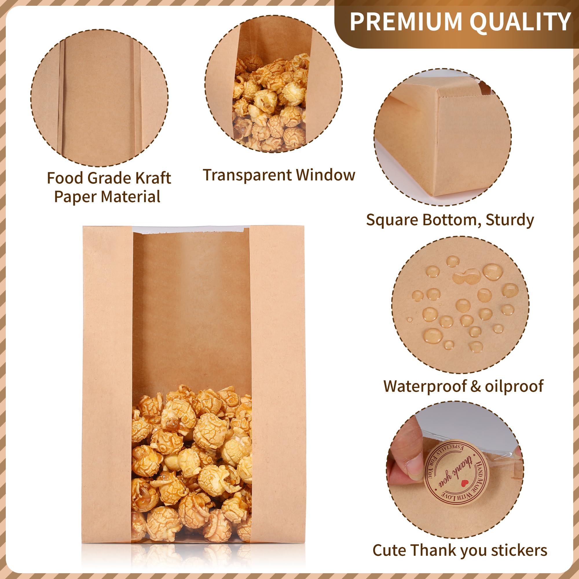 Bpole Cookie Bags with Seal - 50 PCS Small Bakery Bags with Window,5.1x2.8x9.1Inches Kraft Paper Cookie Treat Bag for Cookie Packaging Coffee Bean Snack Party