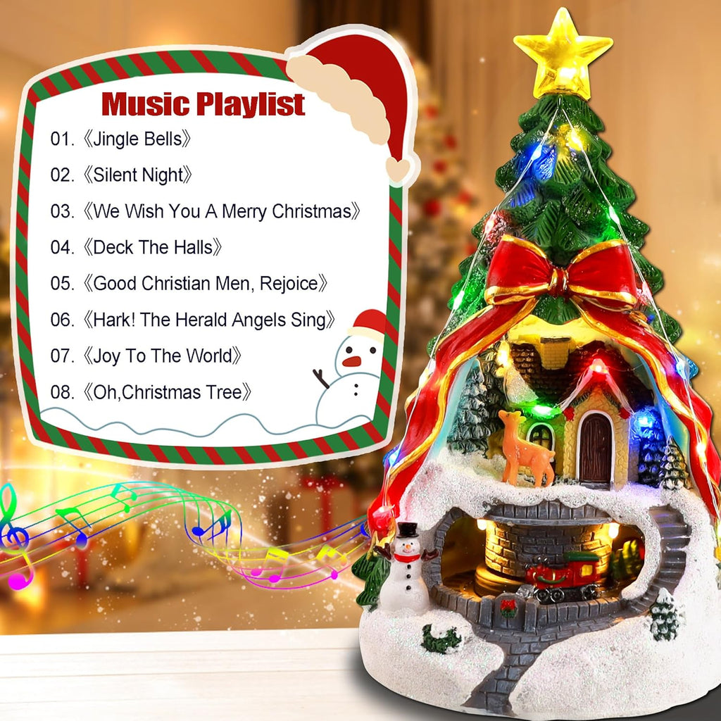 Musical Christmas Village with Spinning Train & Deer | Pre-Lit Artificial Tree - Battery & USB Operated - Festive Tabletop Decor