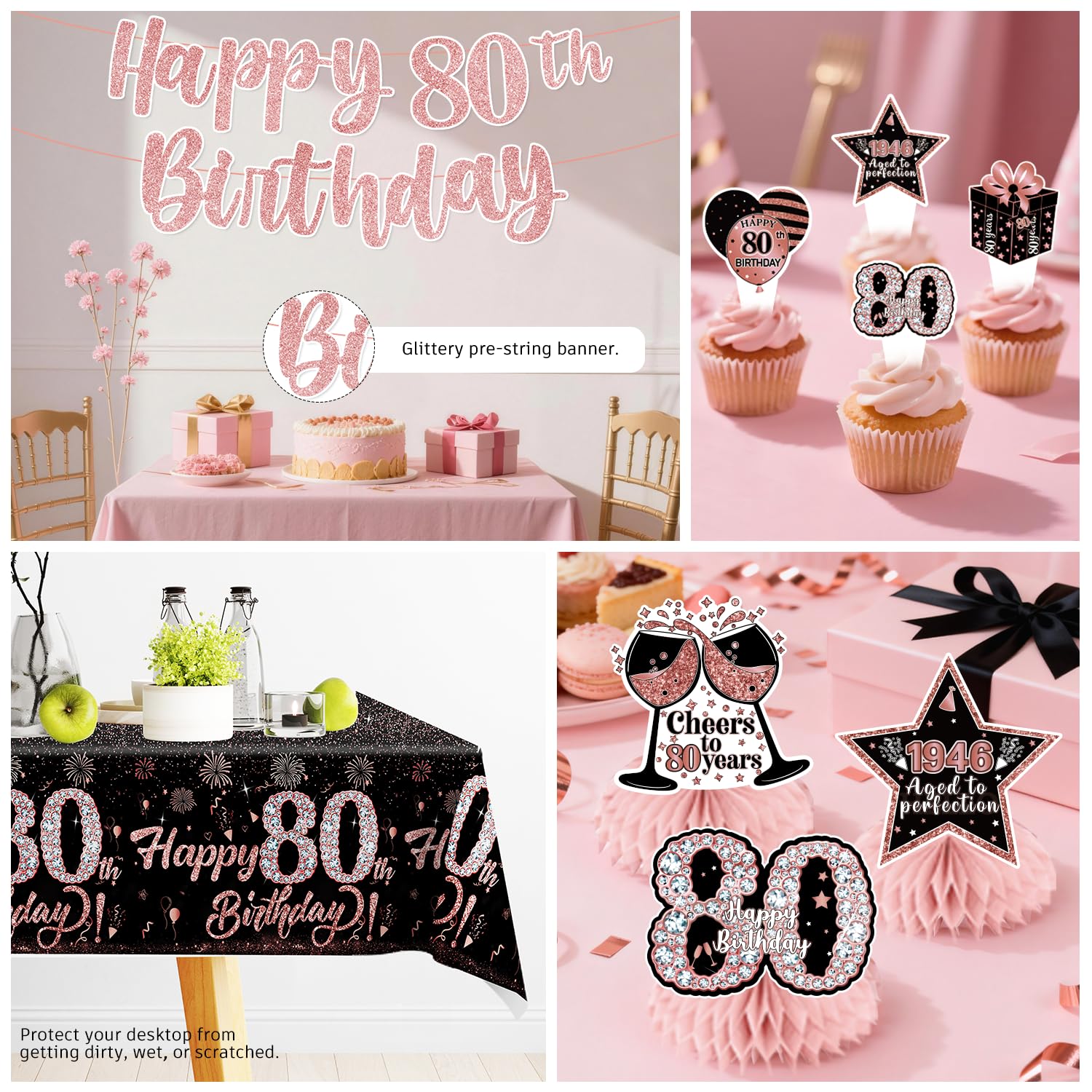 Yingoto 170pcs 80th Birthday Decorations for Women Tableware Set, 1946 Birthday Decorations with Banner Plates Napkins Cups Tablecloth and Cake Topper for 80th Birthday Decorations, Serve 25
