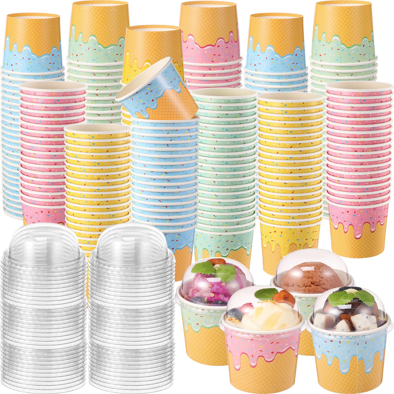 Jingmore 160 Count Paper Ice Cream Cups with Clear Dome Lids Disposable Dessert Cups Bulk Dessert Bowls Sundae Containers for Snack Yogurt Soup Birthday Ice Cream Party Supplies (6 oz)