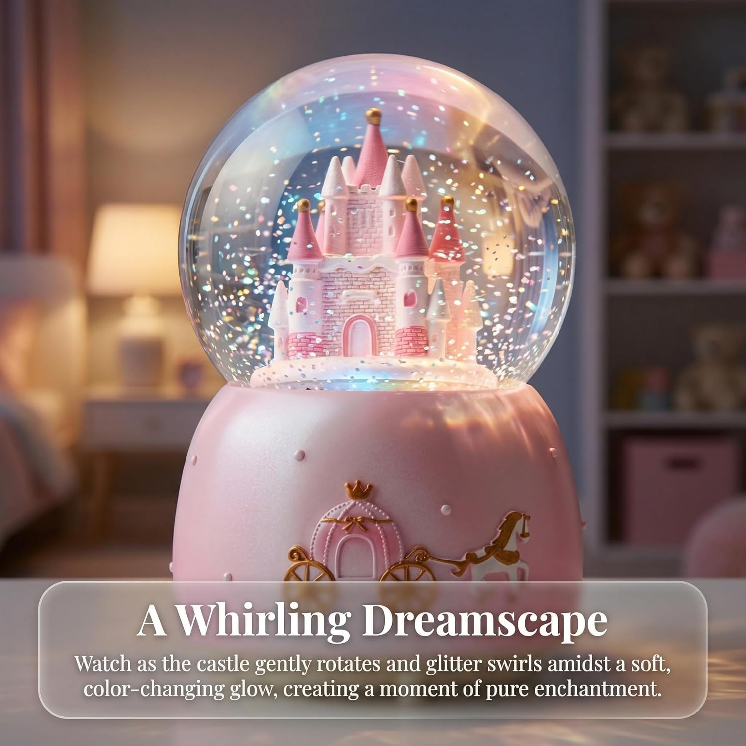 Skiennix Music Box - Crystal Carousel Rotating Unicorn Snow Globe with Colorful LED Light | Castle Pink