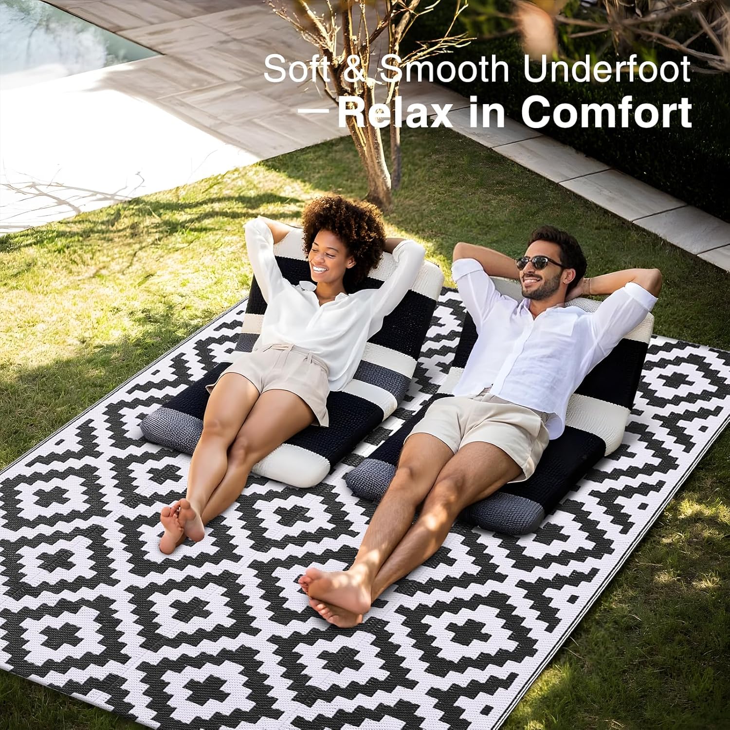 OLANLY Waterproof Outdoor Rug - Versatile 5x8 ft Plastic Straw Mat for Camping & Patio | Black & White