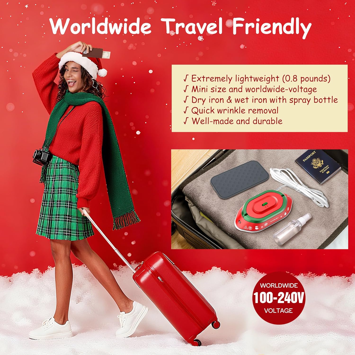 Newbealer Travel Iron - Mini Dry Iron for Clothes | Global Voltage 100-240V, 302℉, 300W, Lightweight Classic Red