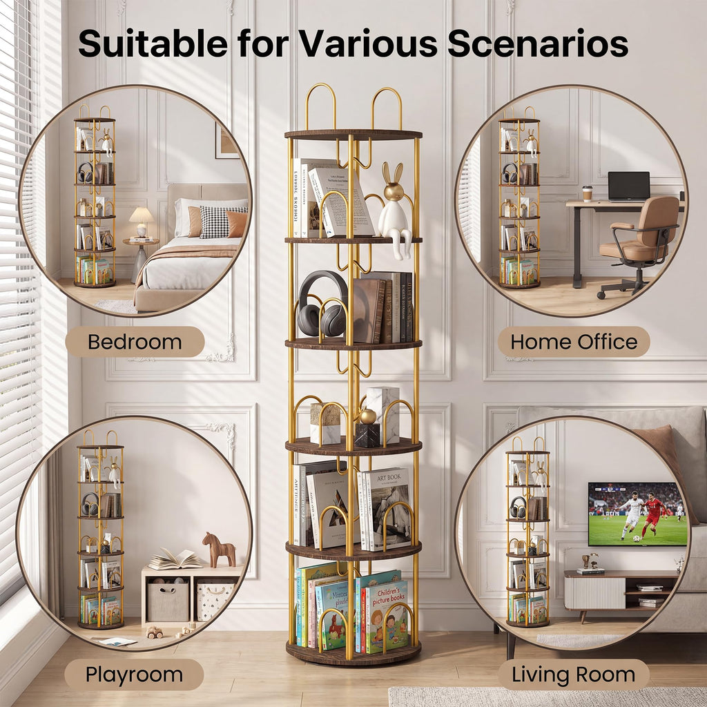 Merkisa 5 Tier Rotating Bookshelf, 360° Spinning Bookshelf Tower, Narrow Corner Book Shelf, Revolving Bookcase Corner Tall Book Shelf for Small Spaces, Bedroom, Living Room, Gold