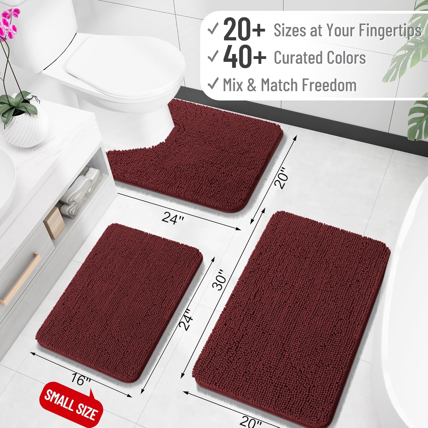 OLANLY Large Chenille Bath Rugs - Soft, Absorbent & Quick-Dry | 47x32 Inches, Andorra Red-Brown