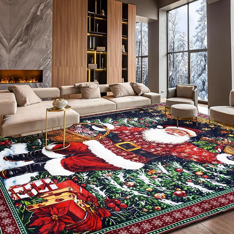 12' x 9' Santa Claus Christmas Rug for Living Room - Washable Faux Wool Non-Slip