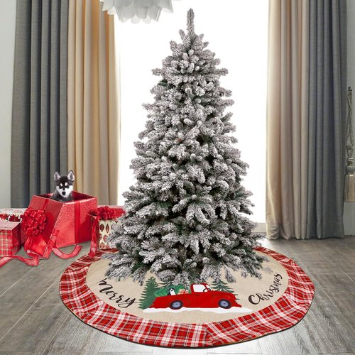 Juegoal 48-Inch Christmas Tree Skirt - Burlap Xmas Mat with Red & White Plaid Edge for Holiday Decor