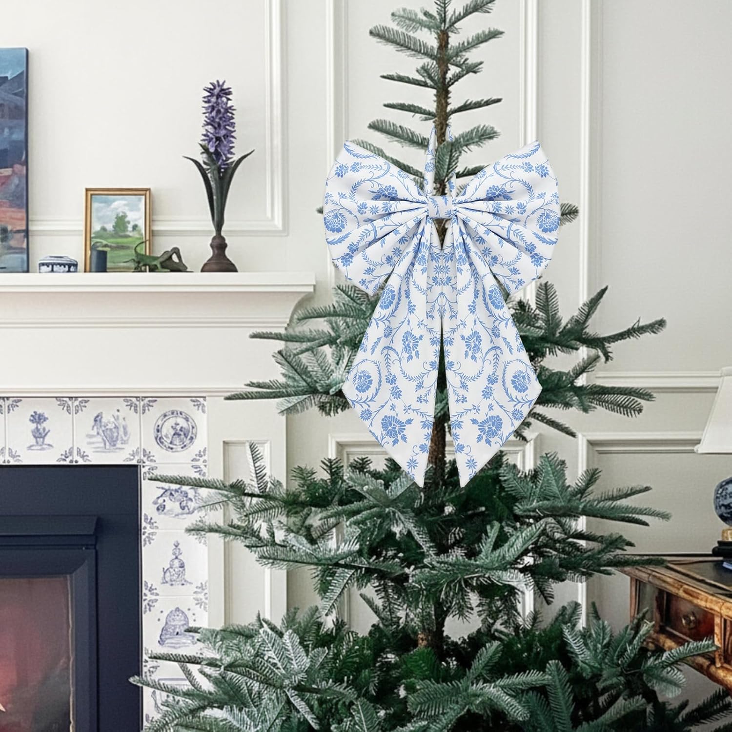 Suncalla Chinoiserie Wreath - Cute Flower Bow Front Door Hanger for Spring Decor | Blue Toile Design