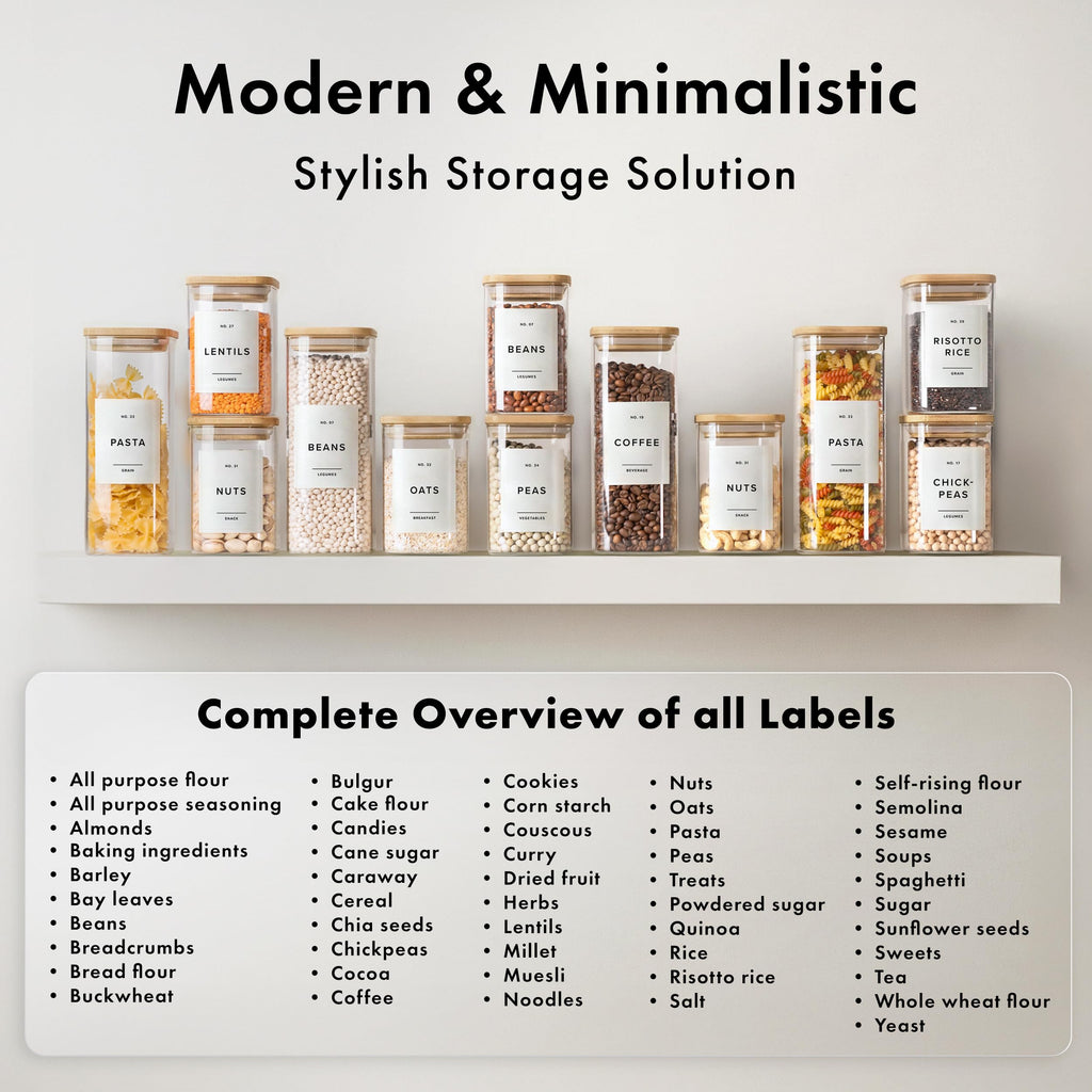 EDELHAUS Square Glass Storage Containers with Bamboo Lids 12-Pack (4x 30 oz, 8x 17 oz) Airtight Glass Storage Jars with Lids for Food, Stackable Glass Kitchen Canisters with 114 Labels for Pantry