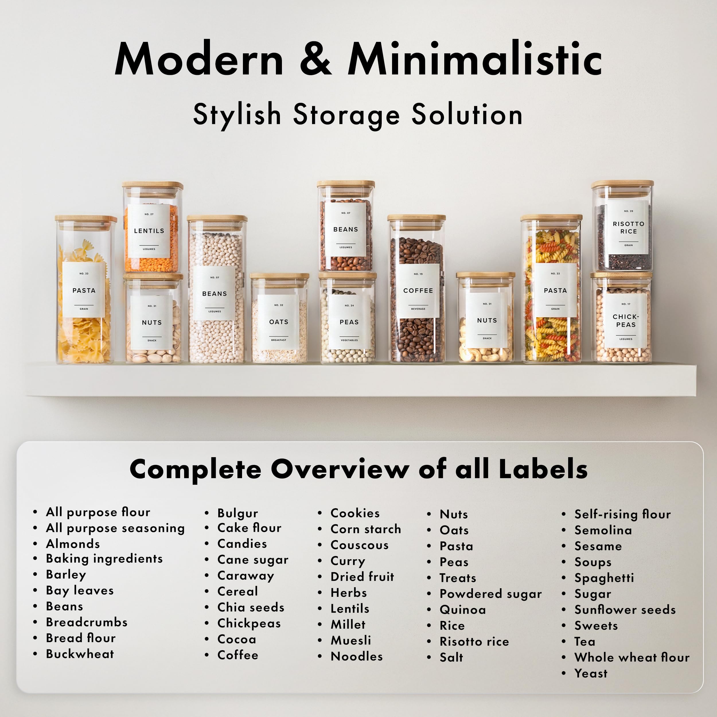 EDELHAUS Square Glass Storage Containers with Bamboo Lids 12-Pack (4x 30 oz, 8x 17 oz) Airtight Glass Storage Jars with Lids for Food, Stackable Glass Kitchen Canisters with 114 Labels for Pantry