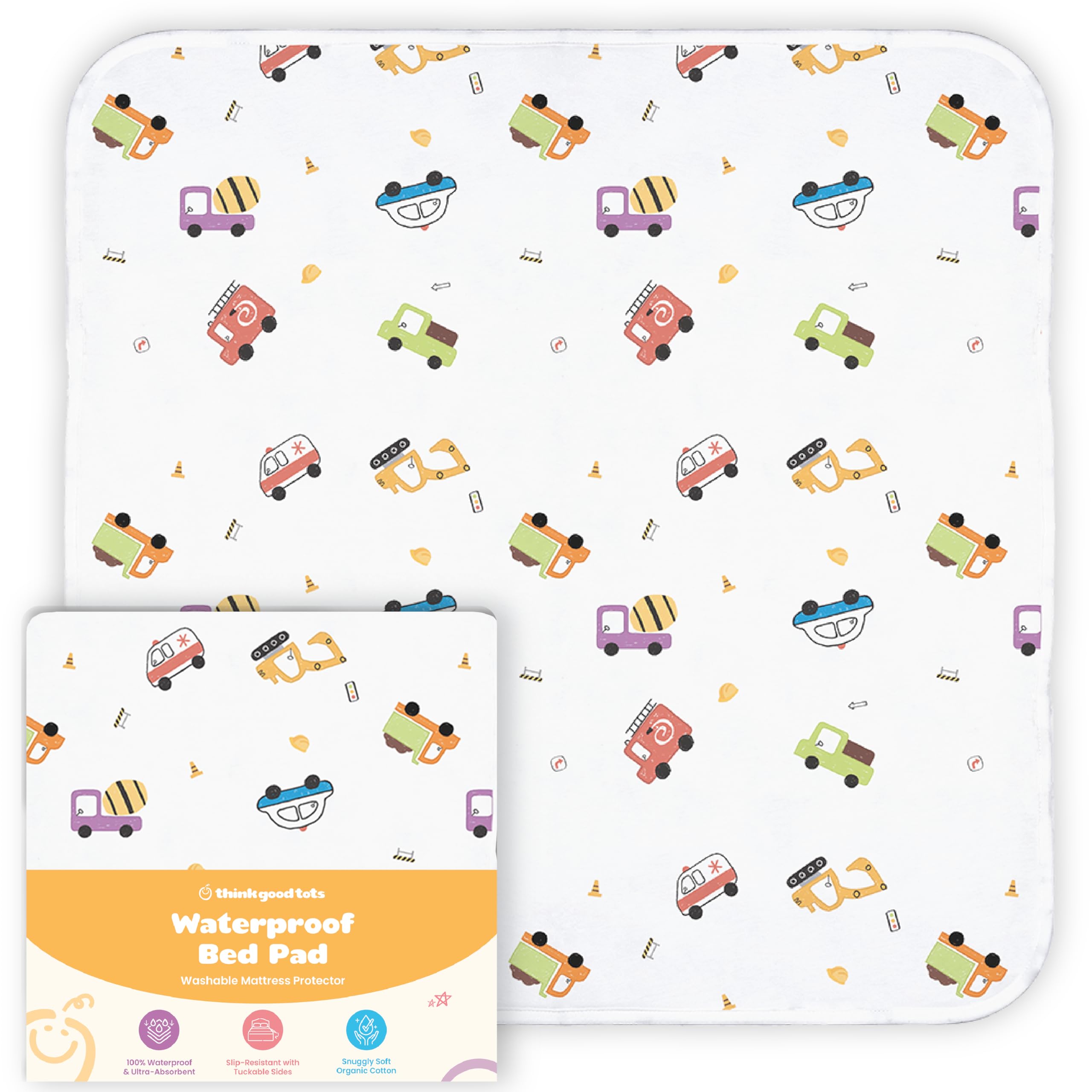 Tuckable Potty Training Pee Pads for Kids, Potty Training Bed Pads for Toddlers, 100% Waterproof Mattress Protector, Non-Slip Bed Wetting Pad, Reusable & Washable Underpads (Truck and Toys Design)