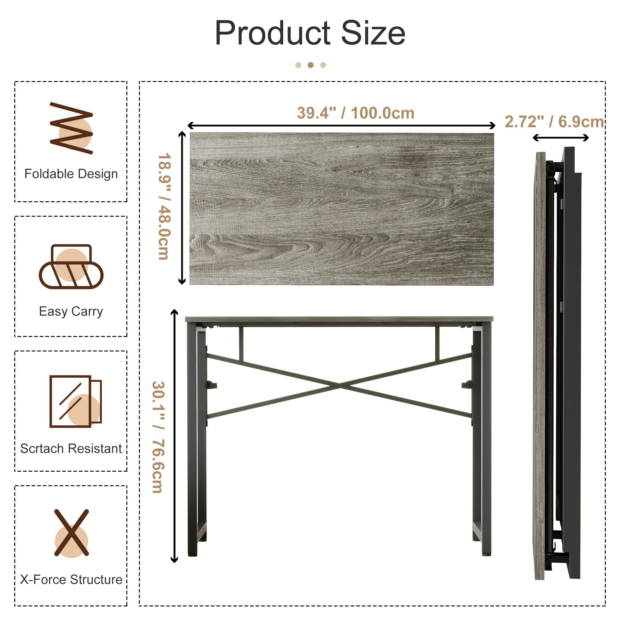 EMODA 40 inch Folding Desk No Assembly Required Home Office Desk Study Writing Gaming Computer Table, Black Oak