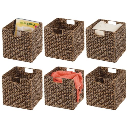 mDesign Natural Woven Hyacinth Cube Organizer Basket with Handles, Storage for Bathroom, Laundry Room Shelf or Nursery - Perfect for Cubby Storage Units - Hold Blankets and Books - 6 Pack, Brown Wash