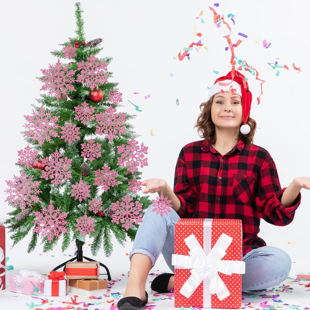 Skiennix 36-Piece Christmas Light Pink Snowflake Ornaments - Glittery Plastic Decorations for Winter Trees
