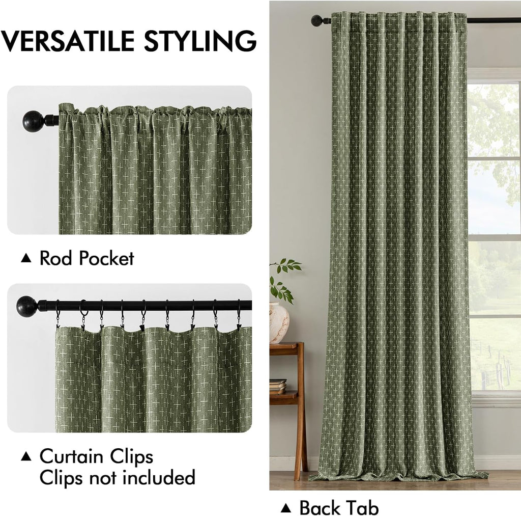 MIULEE Linen Curtains - Geometric Patterned Drapes for Living Room & Bedroom | 84-Inch Olive Green, 2 Panels Set