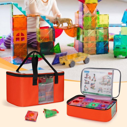 Rexmica 2pcs Storage Organizer Bag for Magnetic Building Tiles, Magnetic Block Tiles Travel Case with Visible Top, Toy Storage Bag for Construction Building Toy, Interlocking Blocks