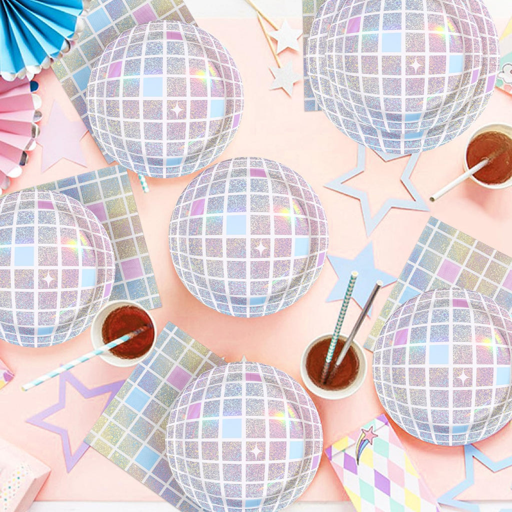 96Pcs Disco Party Supplies Pink Pastel Silver Disco Ball Plates and Napkins Sets Rainbow Iridescent Birthday Decorations for Dancing Queen 17th Wedding Sprinkle Bachelorette 70s Disco Party Serves 24