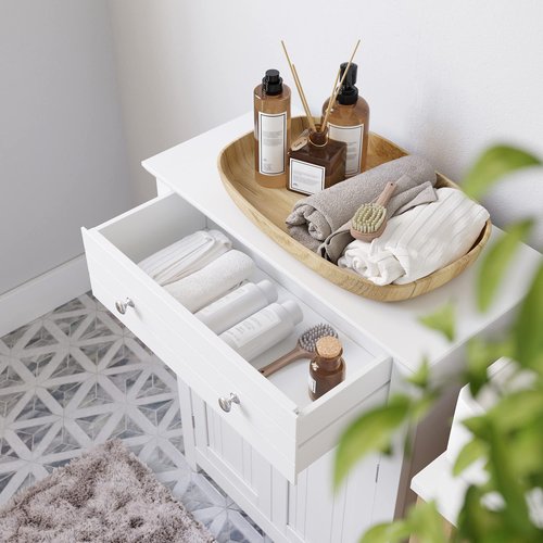 SONGMICS VASAGLE Free Standing Bathroom Cabinet with Drawer and Adjustable Shelf, Kitchen Cupboard, Wooden Entryway Storage Cabinet White, 23.6" L x 11.8" W x 31.5" H, UBBC61WT