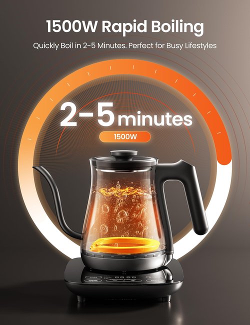 COMFEE' Gooseneck Electric Kettle with Temperature Control, 3 Variable Presets, 100% Stainless Steel, 1500 Watt Powerful Quick Heating Portable Hot Water Kettle for Pour Over Coffee and Tea, 0.6L