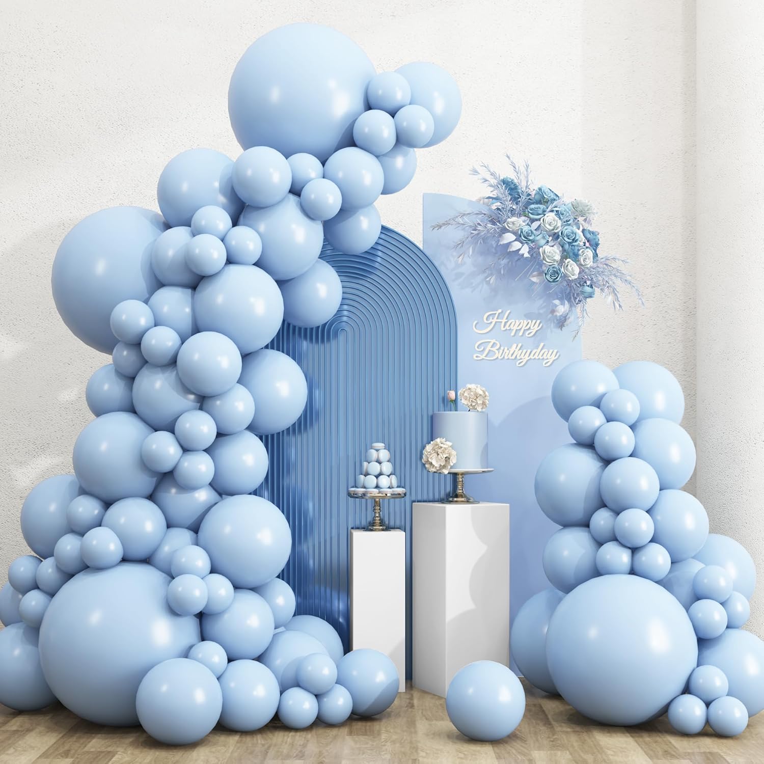 RUBFAC Light Baby Blue Balloons - 135pcs in Various Sizes for Baby Shower & Birthday Decorations | Latex Pastel Blue