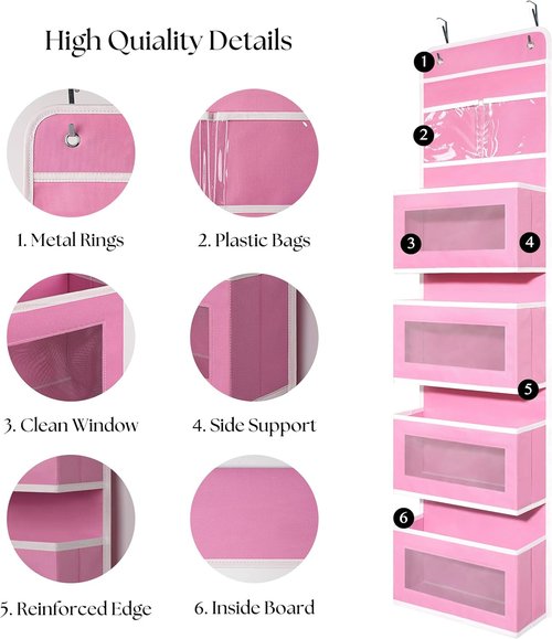 Giraffe Creation Over Door Organizer - 4 Large Capacity Pockets for Closet & Bathroom Storage | Pink