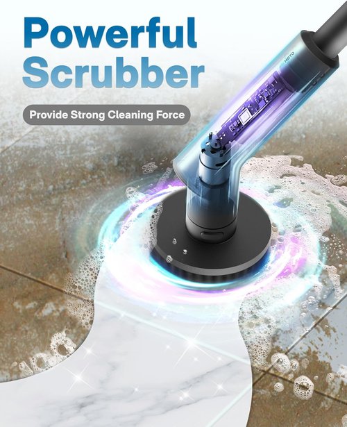 HOTO Cordless Electric Spin Scrubber - Waterproof Bathroom Cleaning Brush with 6 Brush Heads | Long Handle, 22 in-lb Torque