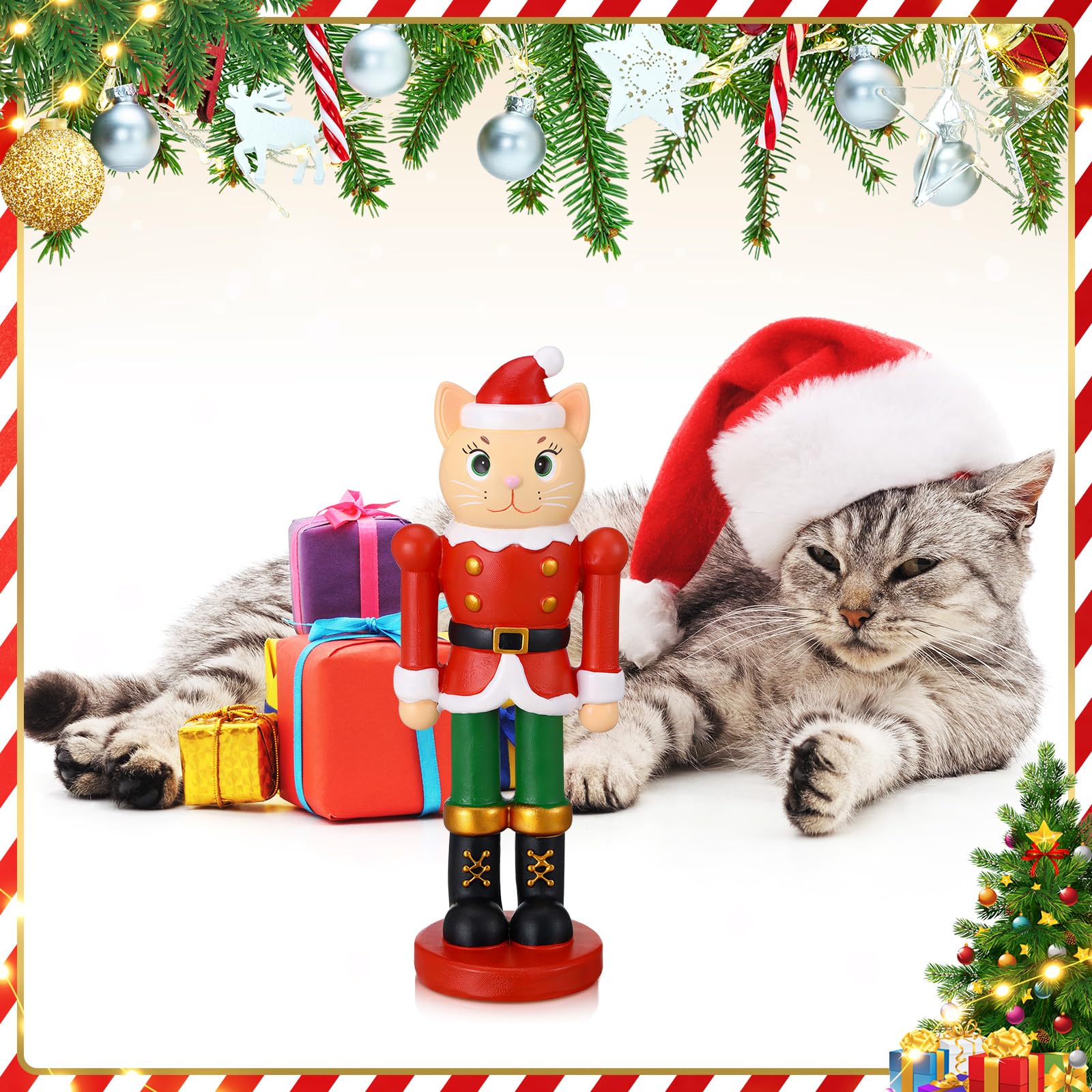 Wesiti Christmas Nutcracker Ornament 6" Cat Nutcracker Resin Figurine Display Christmas Cat Craft for Xmas Holiday Shelf Home Desktop Table Decor Xmas Gift Collectible