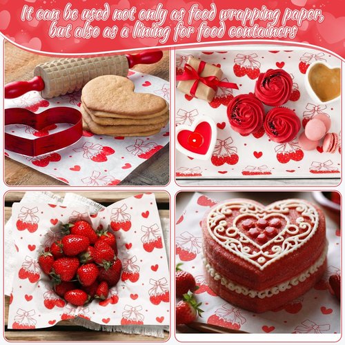 Supervitae 150 Pcs Valentine Wax Paper Sheets for Food Baking Sandwich Wrapping Tissue Heart Parchment Paper Greaseproof Waterproof Basket Liners for Picnic Valentine Party Favors(Strawberry Bow)