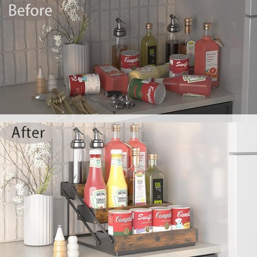 KOKSTOP 3 Tier Foldable Spice Rack Organizer for Countertop, Step Shelf with Spice Jars for Kitchen Cabinet Drawers Seasoning Rustic Wooden Spice Holder for Home, Cupboard or Door - 2PCS