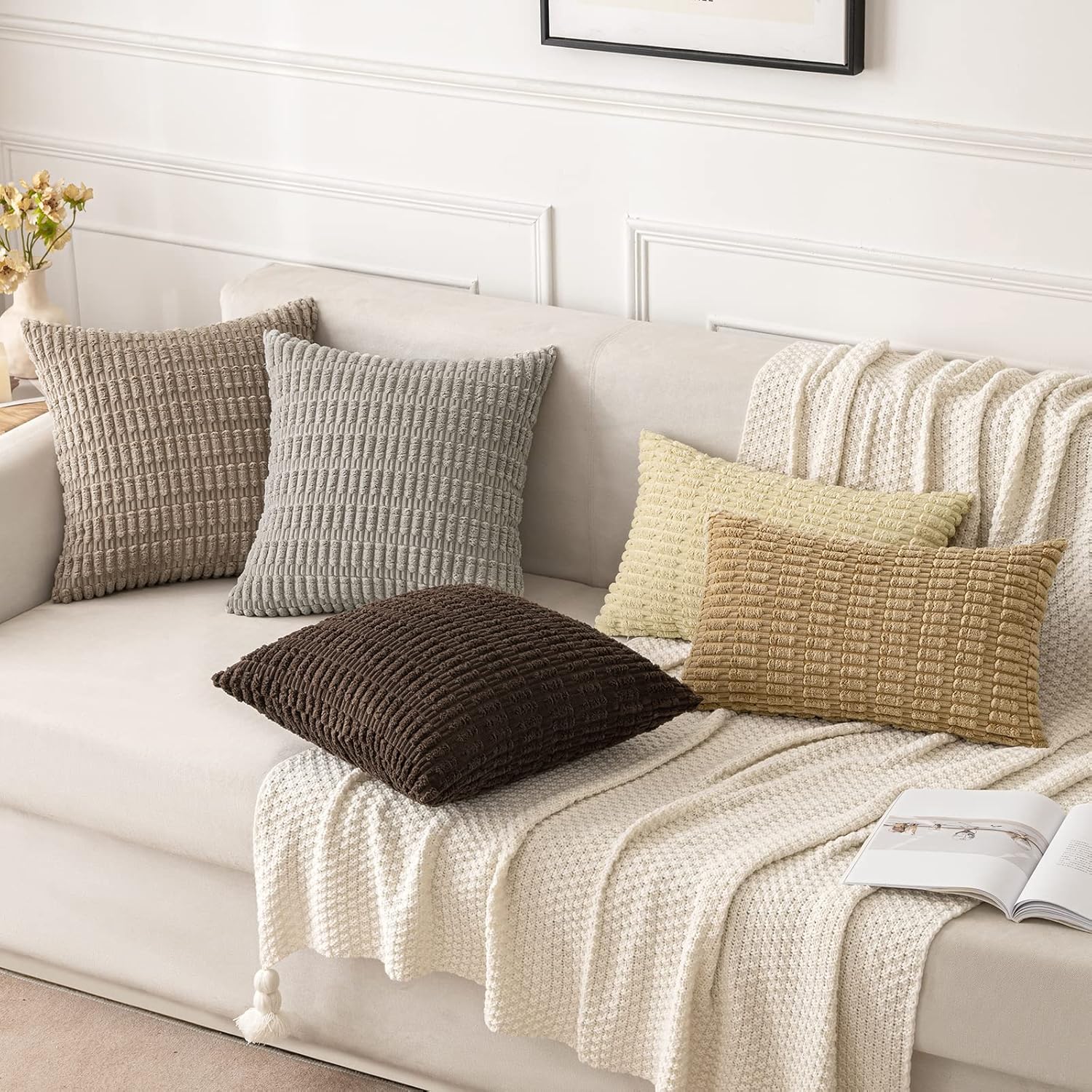 MIULEE Corduroy Decorative Throw Pillow Covers - Soft Boho Striped Design, 20x20 Inch, Light Brown | Modern Farmhouse Decor for Sofa & Couch