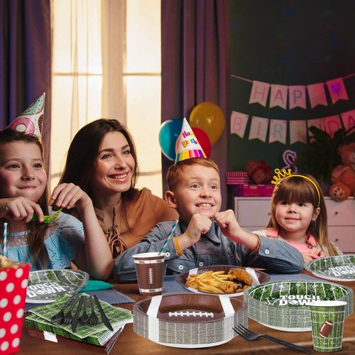 Kochorie 350 Pieces Football Party Decorations Tableware Set Football Disposable 11.8 x 7.8 Inch Paper Plate Cup Napkin Spoons Forks Knives for Sport Football Game Day Party Supplies Serve 50 Guests