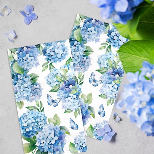 100Pcs Hydrangea Paper Napkins 3 Ply Watercolor Blue and White Floral Butterfly Disposable Absorbent Hand Towel Spring Pretty Flower Guest Dinner Napkin for Bridal Shower Bathroom Tea Party Supplies