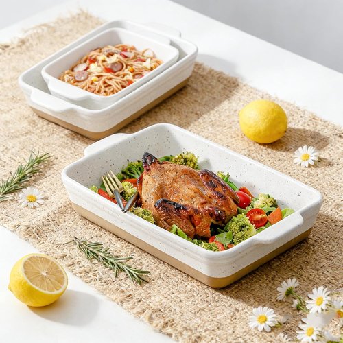 HVH Baking Dish Set - Large 9x13 Ceramic Casserole Dish | Deep Lasagne Pan, Farmhouse Style (White)