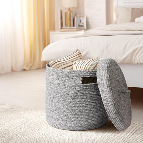 WILLITAT Storage Basket with Lid, Woven Blanket Storage for Living Room, Soft Cotton Rope Bin with Lid, Round Wicker Laundry Basket with Cover, Lidded Kid Dog Toy Box, Nursery Organizer, 15"x13", Gray