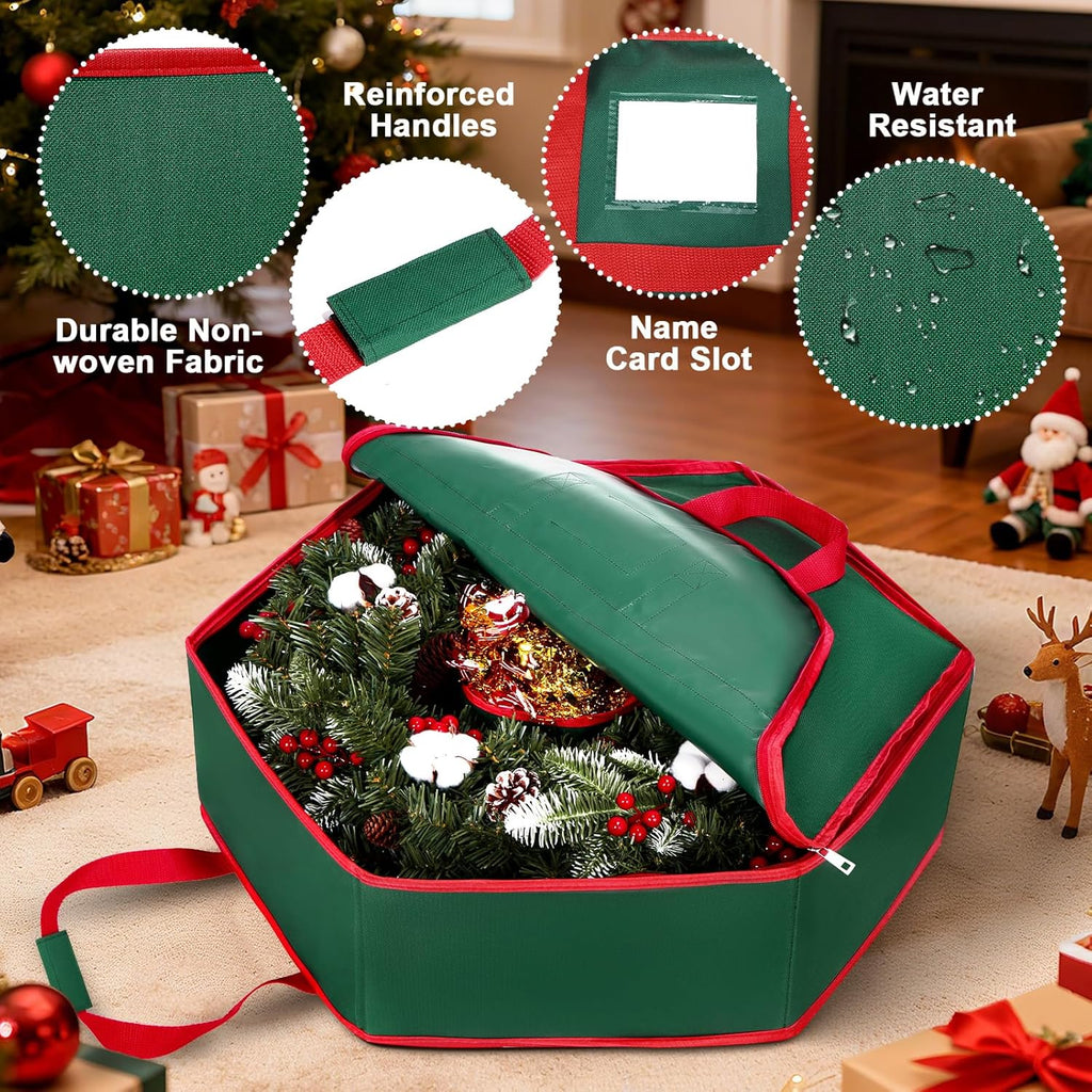 MUDEREK Christmas Wreath Storage Container - 24" Durable Hard Shell Organizer with Pockets & Dual Zipper