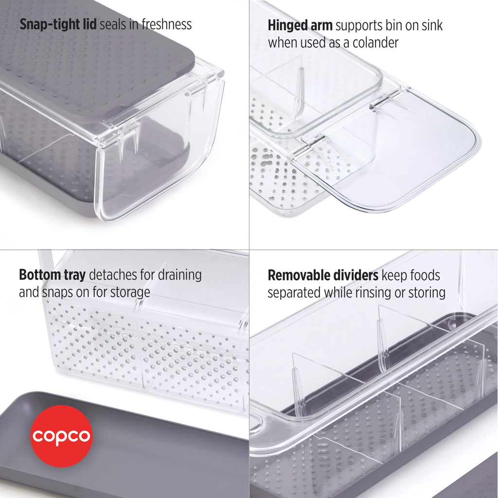 Copco Over the Sink Colander and Fridge Storage Bin with Folding Handle for Rinsing and Storing Fruits and Vegetables, Clear/Gray