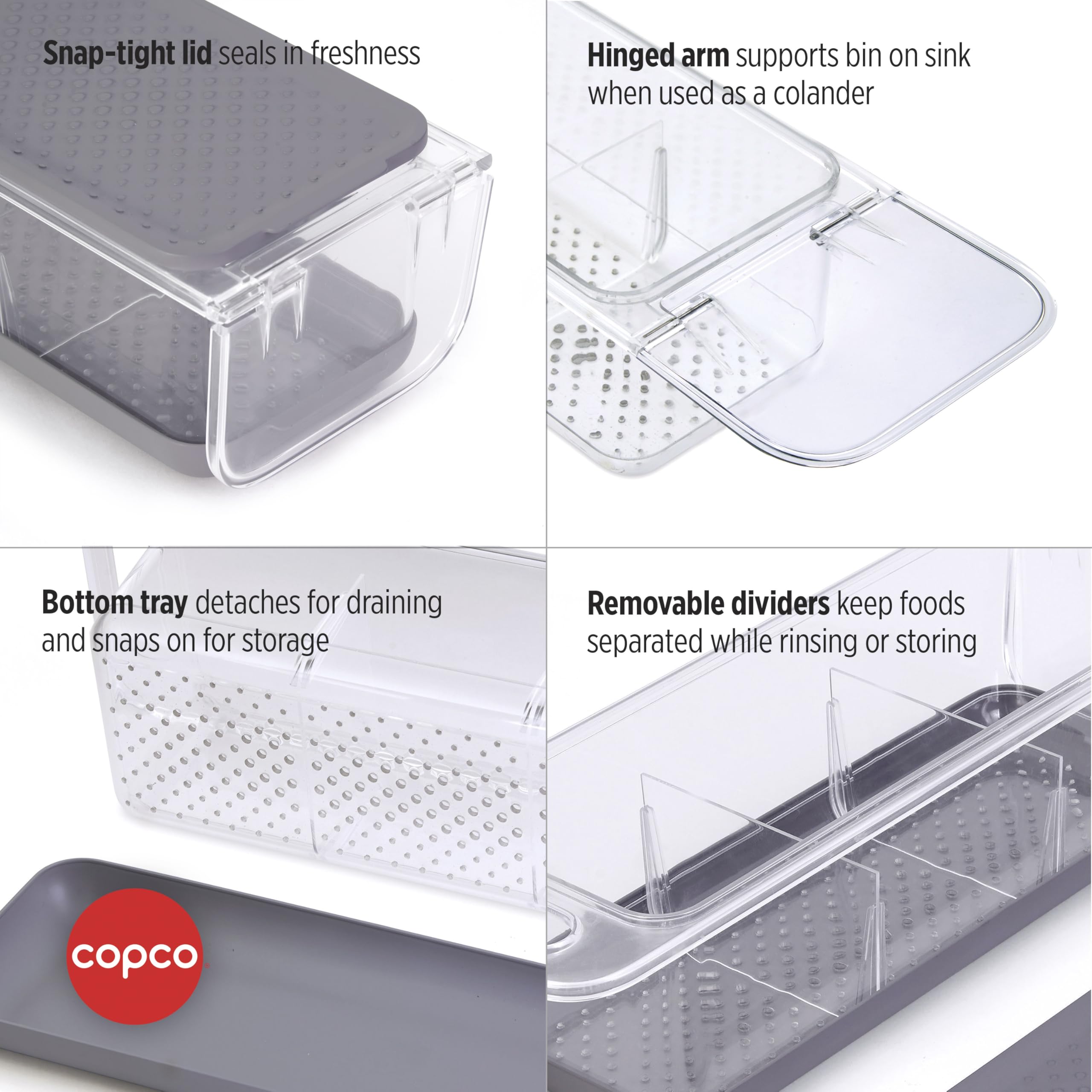 Copco Over the Sink Colander and Fridge Storage Bin with Folding Handle for Rinsing and Storing Fruits and Vegetables, Clear/Gray