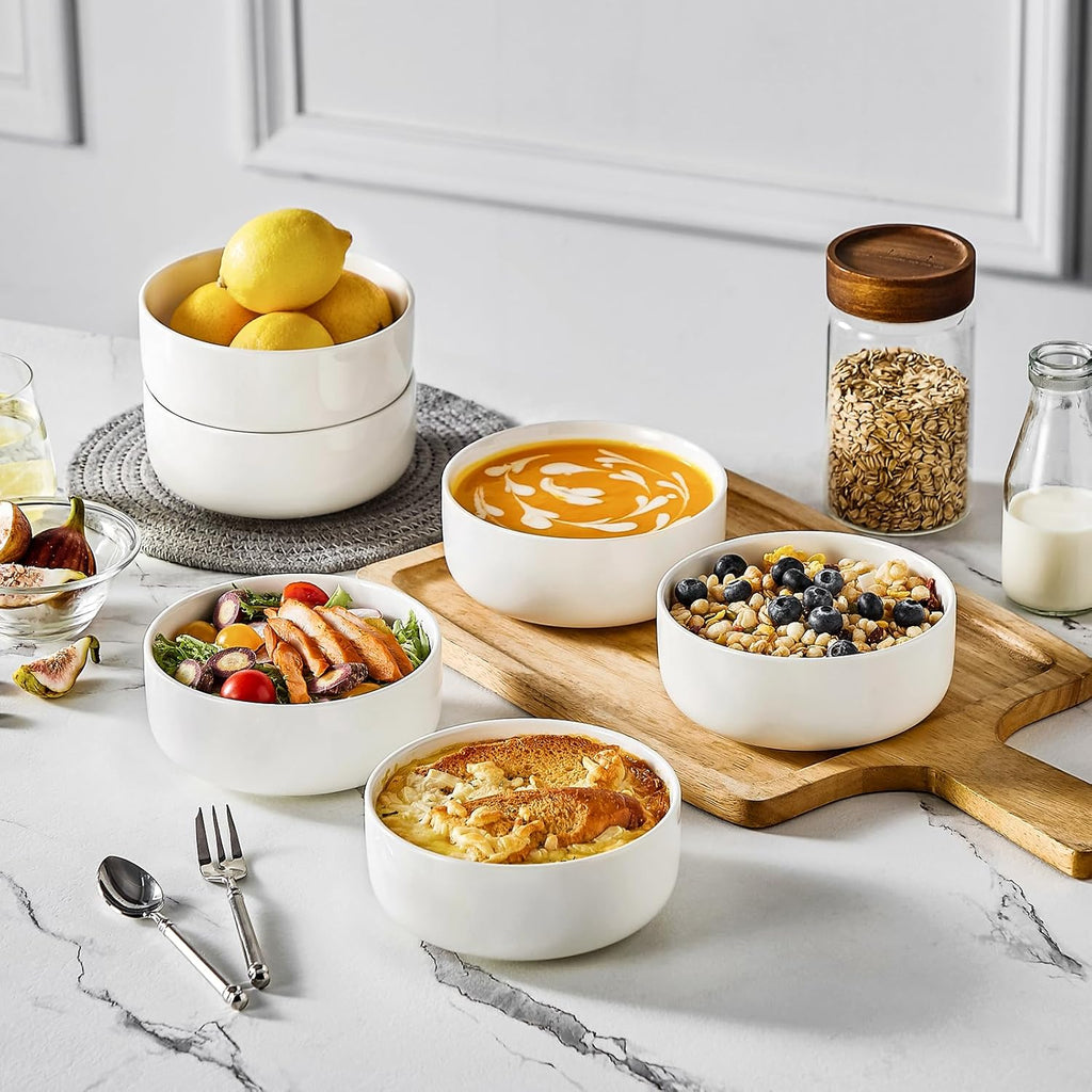 MALACASA 24 OZ Cereal Bowls Set of 6 - Porcelain Soup & Oatmeal Bowls | Dishwasher & Microwave Safe, White