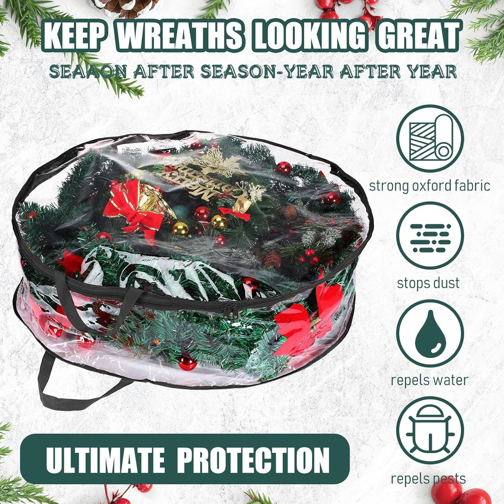 Shappy Christmas Wreath Storage Bag - 24-Inch Clear Container with Dual Zippers & Reinforced Handles | Black