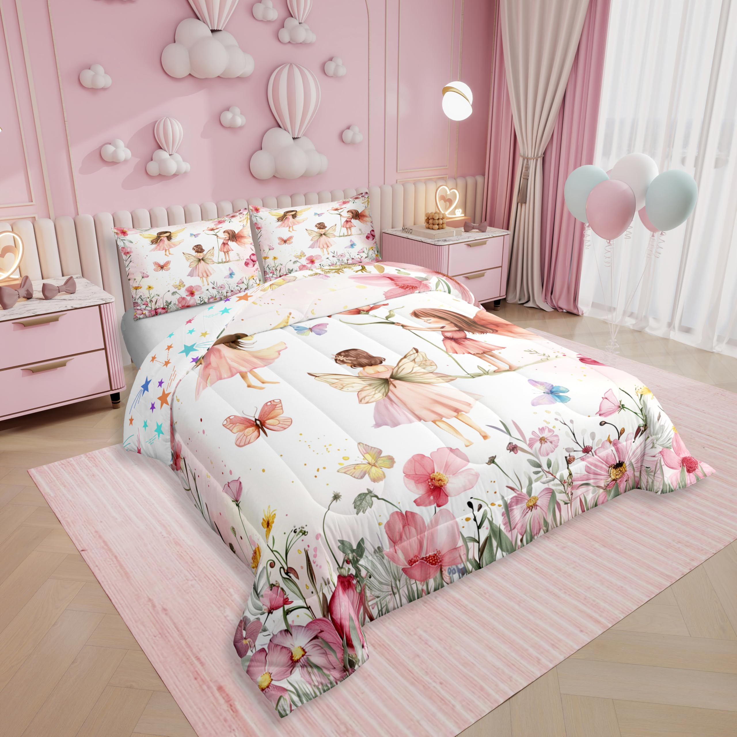 Erosebridal Dreamy Fairy Twin Comforter Set,Pink Fairy Garden Bedding Sets for Girls Kids,Cute Floral Butterfly Quilt Bed Set,Princess Girly Coquette Bedroom Decor,1 Pillowcase Reversible